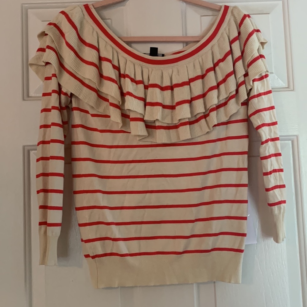 Long sleeve red and cream striped ruffle off the shoulder holiday shirt